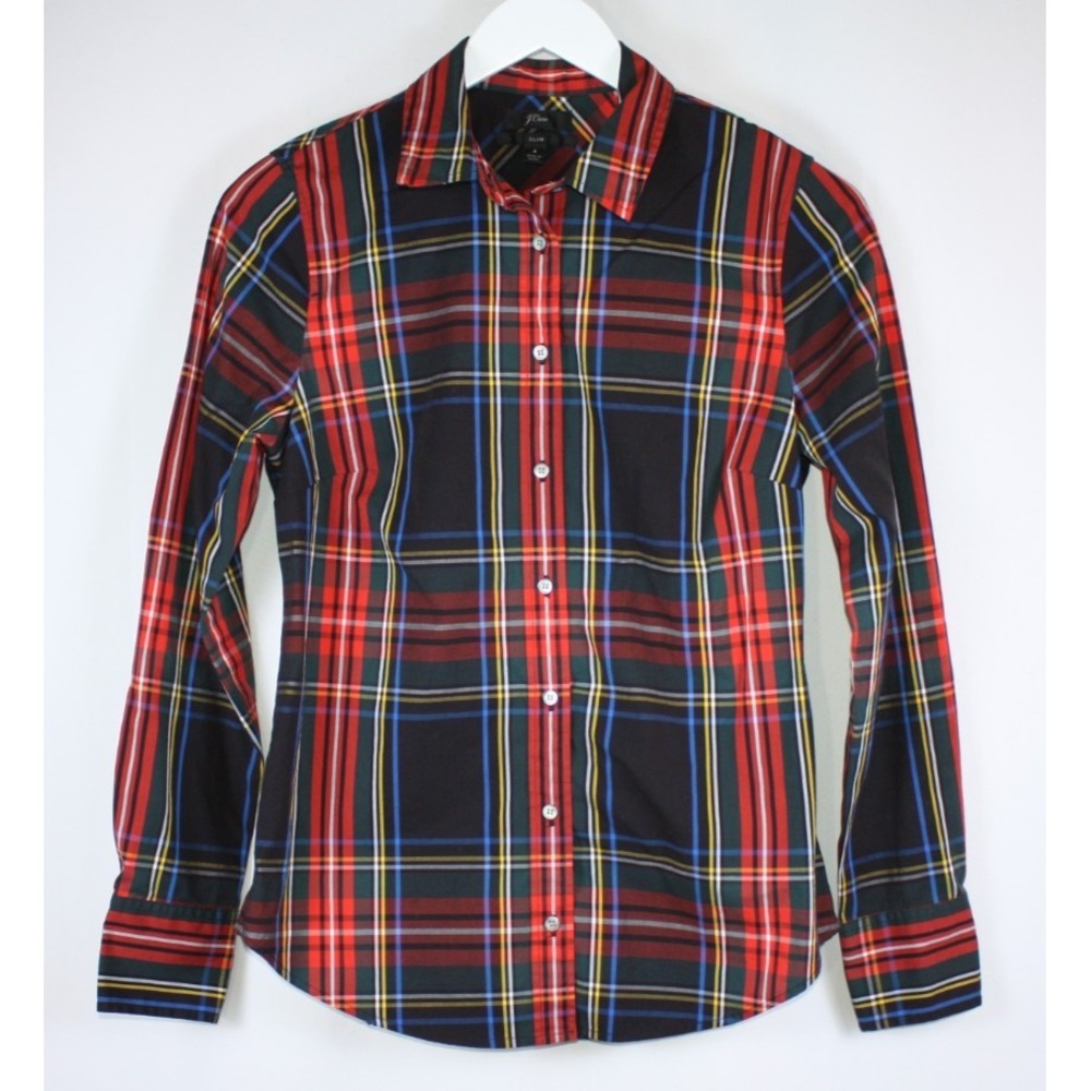 J.Crew Shirt Womens Sz 4 Multicolor Slim Red Tartan Plaid Academia Button Up Top